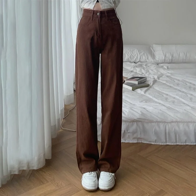Summer Women Brown Jeans High Waist Loose Straight Wide Leg Denim Female Stylish Bootcut Denim Jeans