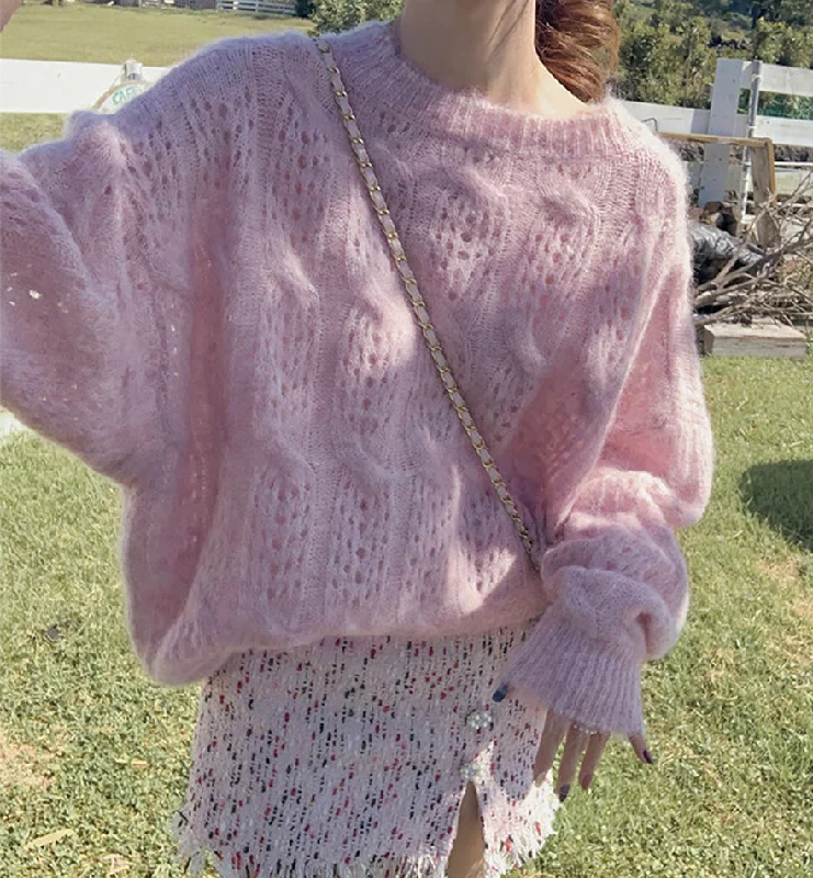 Sweater loose round neck openwork sweater  109 Print Jacquard Patchwork