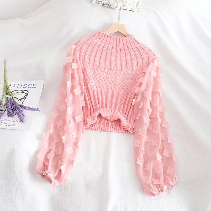 Sweet applique long sleeve cropped sweater  1480 Sequined Glittery Shiny