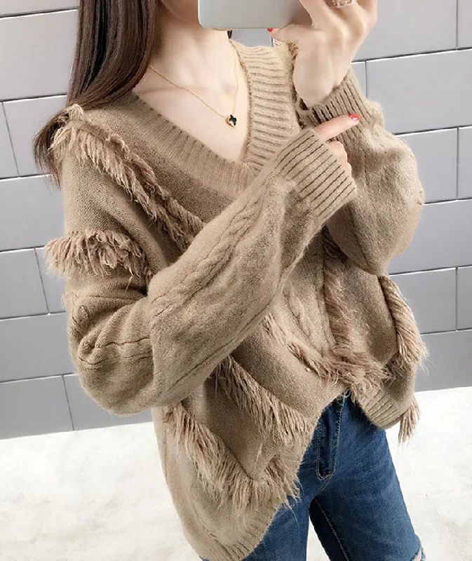 Sweet tassel v-neck sweater long sleeve sweater  120 Stretchy Elastic Breathable