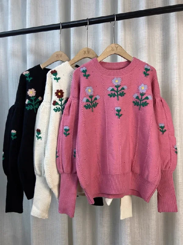 Temperament flower sweater, vintage, jacquard lantern sleeve jumper, fall outerwear top 1409 Turtle Neck Boat Neck Asymmetrical Neck Temperament flower sweater, vintage, jacquard lantern sleeve jumper, fall outerwear top 1409 Turtle Neck Boat Neck Asymmetrical Neck