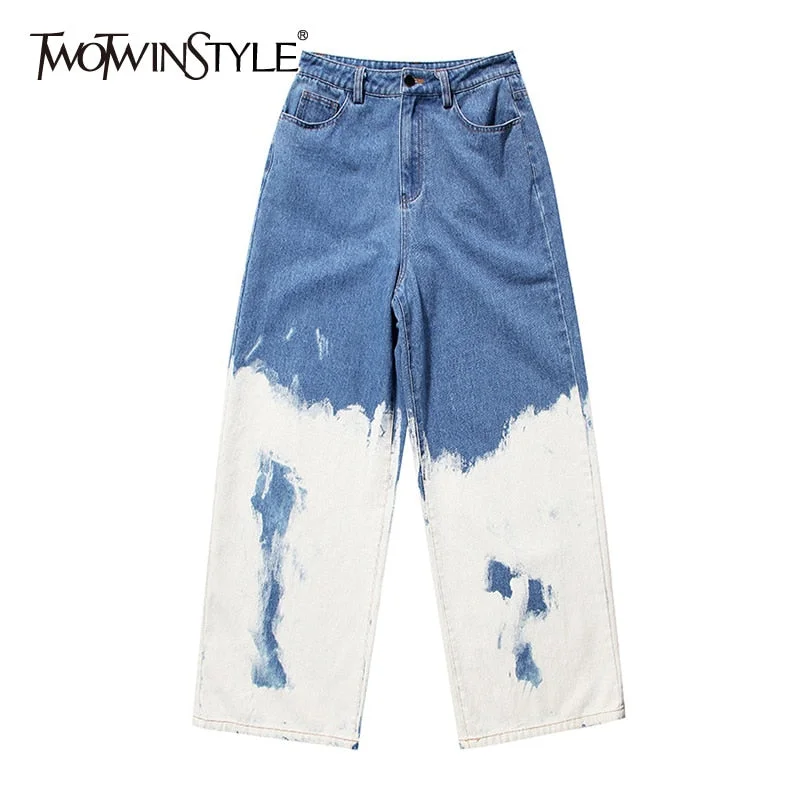 Casual Loose Painted Women Full Length Jeans High Waist Hit Cozy Wide-Legged Jeans