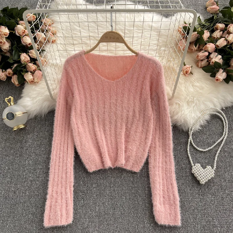 Versatile short Pullover mohair sweater  1615 Layered Multi-layer Single Layer