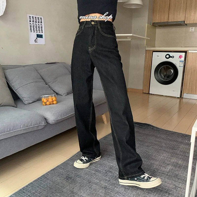 Vintage High Waist Women Black Jeans Autumn Street Wear Wide Elegant Skinny Leg Jeans