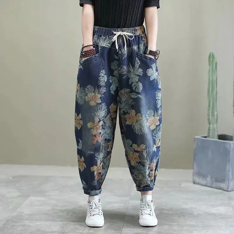 Vintage printing Harem Pants jeans Women Fashion Casual Loose Lace-up Fashionable Mom Jeans