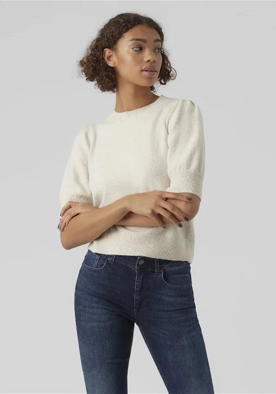 Vero Moda Doffy Short Sleeve Knit Sweater, Birch Silk Blend Satin Velvet