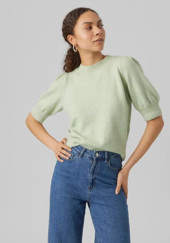 Vero Moda Doffy Short Sleeve Knit Sweater, Reseda Solid Color Striped Floral Print