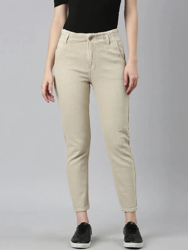 Women Beige Solid Regular Fit Denim Jeans-GZ-5567-Beige Comfortable Full-Length Denim Jeans