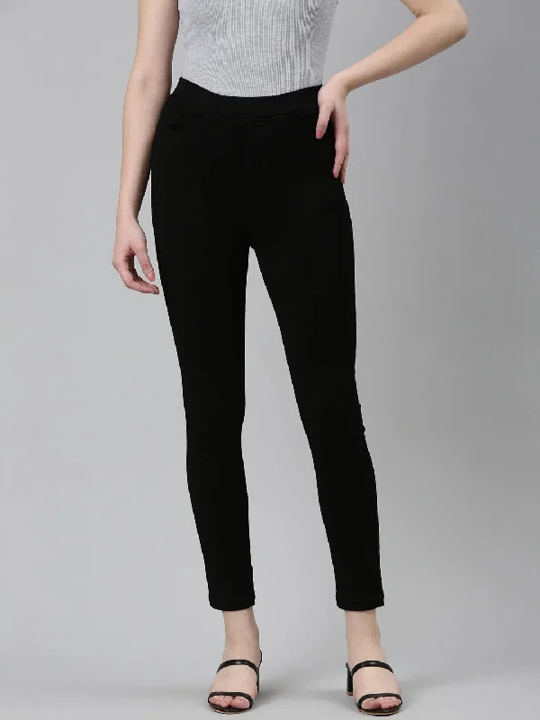 Women Black Solid Slim Fit Denim Jeans-IM-10376-Black Comfortable Distressed Straight-Leg Jeans