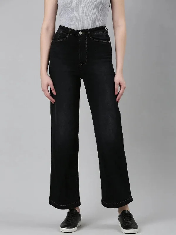 Women Black Solid Wide Leg Denim Jeans-IM-10479-Black Casual High-Waisted Bootcut Jeans