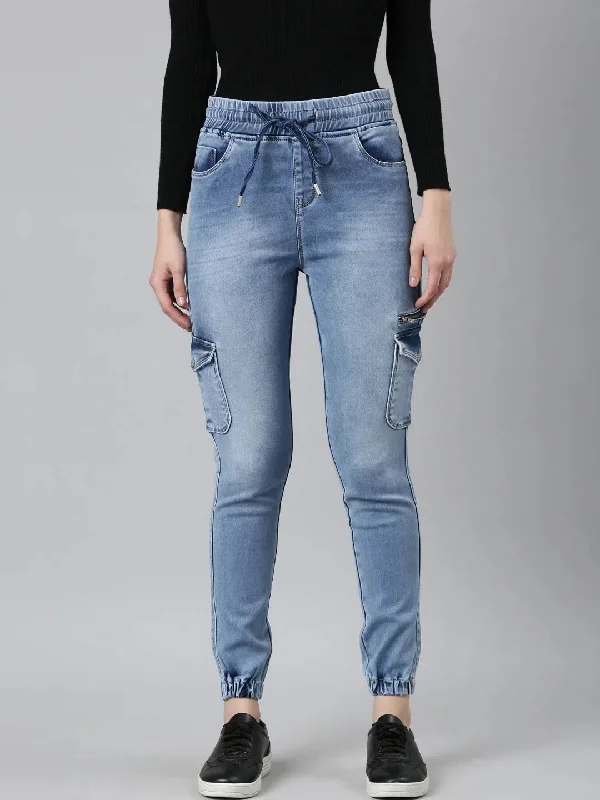 Women Blue Solid Jogger Denim Jeans-LT-JO-22737-Blue Trendy Wide-Leg High-Waist Denim