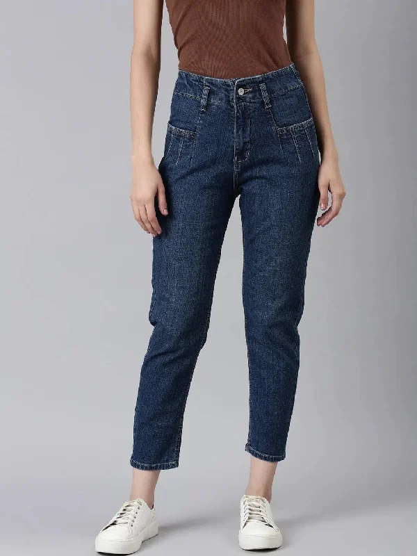 Women Blue Solid Mom Fit Denim Jeans-GZ-5497-2-Blue Stylish Bootcut Denim Jeans