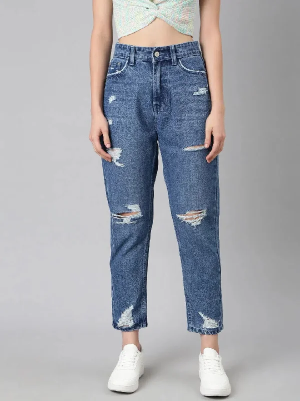 Women Blue Solid Mom Fit Denim Jeans-GZ-5641-Blue Fashionable Raw Edge Jeans
