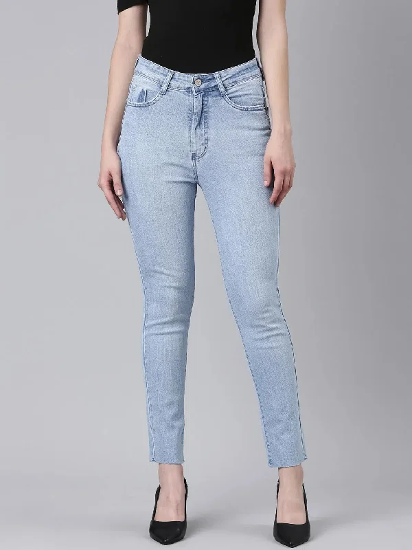 Women Blue Solid Skinny Fit Denim Jeans-GZ-5702-Blue Casual Distressed Denim Jeans