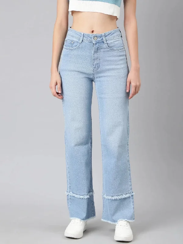 Women Blue Solid Straight Fit Denim Jeans-GZ-5655-Blue Comfortable Faded High-Rise Jeans