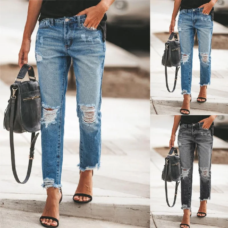 Women High Waist Jeans Ripped Holes Tassels Slimming Trousers Streetwear Cozy Wide-Legged Jeans