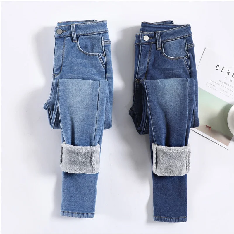 Women Thermal Jeans Winter Snow Warm Plush Stretch Jeans Lady Skinny Trendy Pleated Waist Jeans