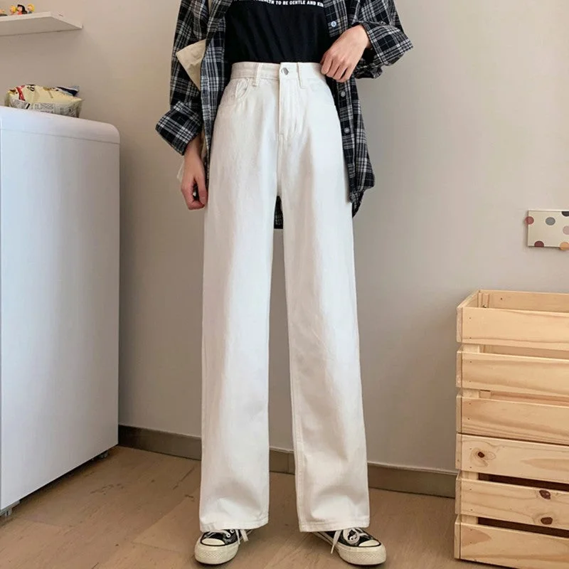 Women White Casual Jeans Autumn Korean Style All-match Loose High Waist Trendy Layered Pocket Jeans Women White Casual Jeans Autumn Korean Style All-match Loose High Waist Trendy Layered Pocket Jeans