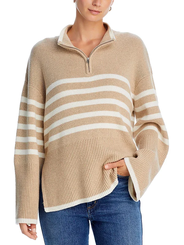 Womens 1/4 Zip Striped Pullover Sweater Neon Metallic Matte