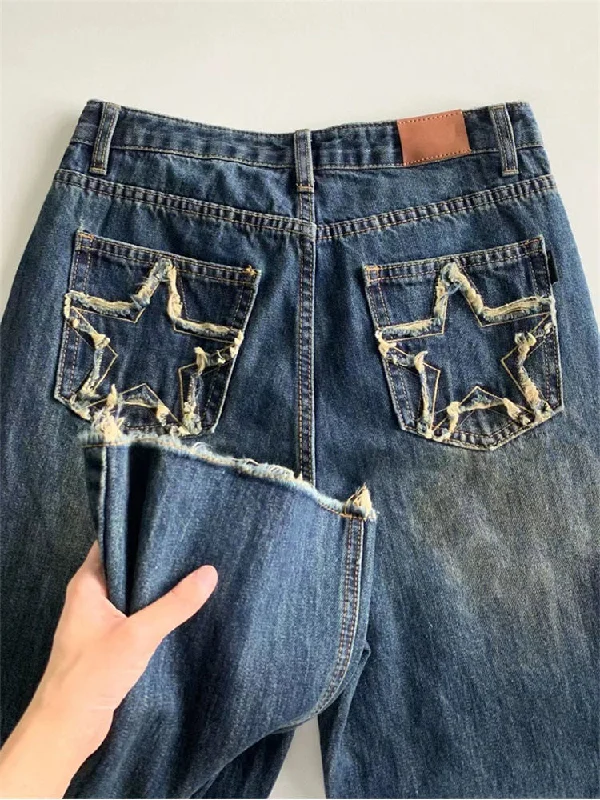 Women's Blue Wide Leg Jeans Star Pocket Vintage Straight Pants High Waist Trendy Bootcut High-Waisted Jeans