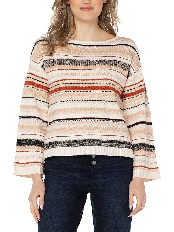 Womens Boat Neck Striped Pullover Sweater Lace Blend Ribbed Blend Corduroy Blend