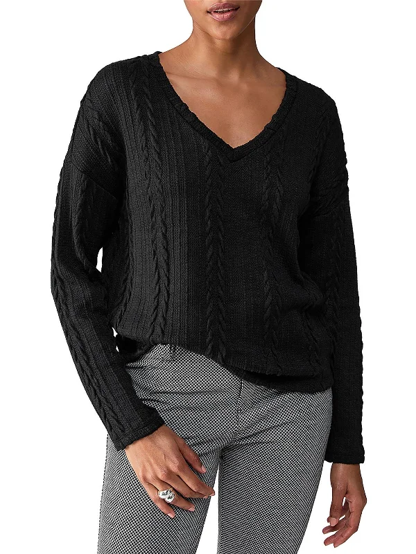 Womens Cable Knit Long Sleeve V-Neck Sweater Mesh Blend Leather Blend Suede Blend