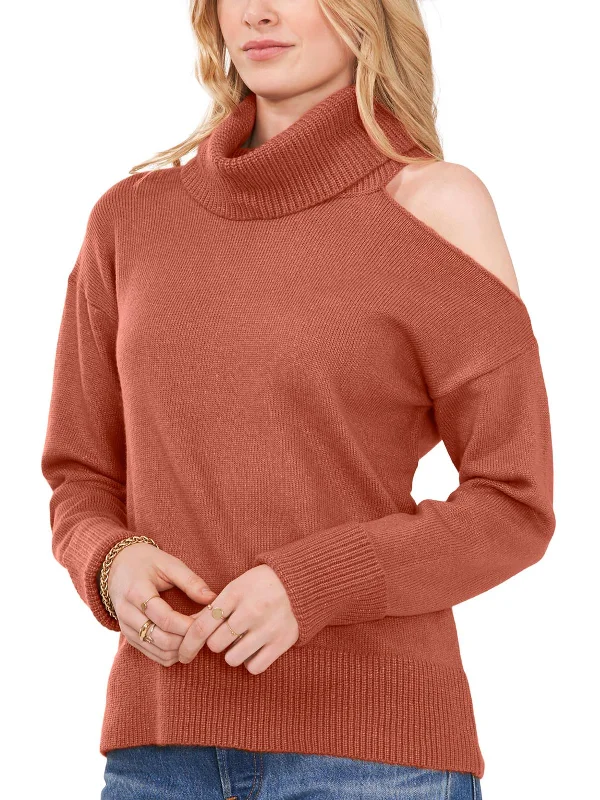 Womens Cold Shoulder Long Sleeve Turtleneck Sweater Toggled Drawstring Belted
