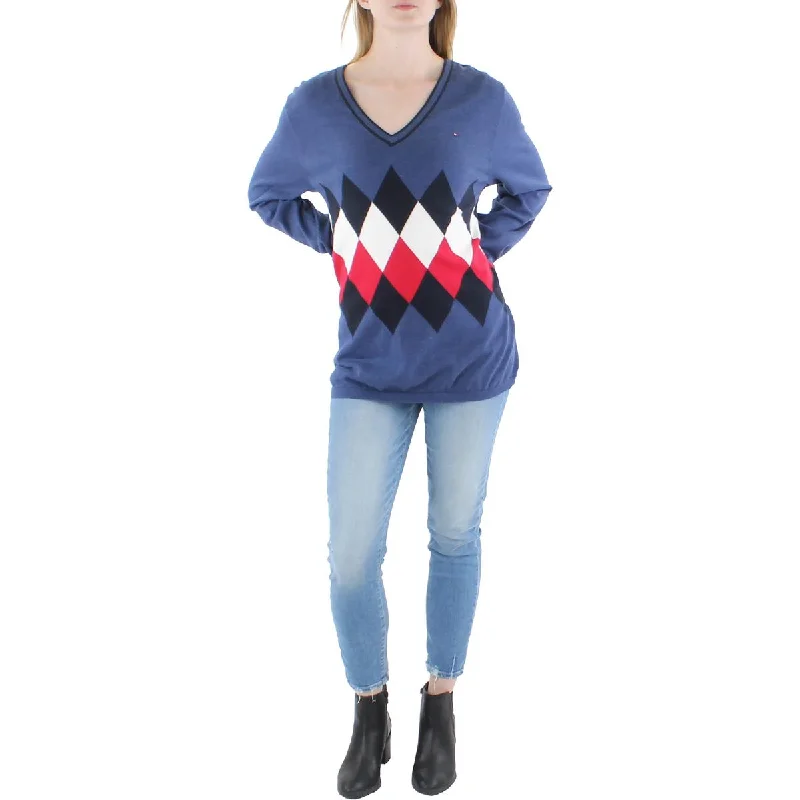 Womens Cotton Blend Argyle Pullover Sweater Chenille Brocade Lace