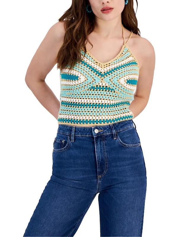 Womens Crochet Pullover Sweater Denim Fabric Leather Fabric Suede Fabric