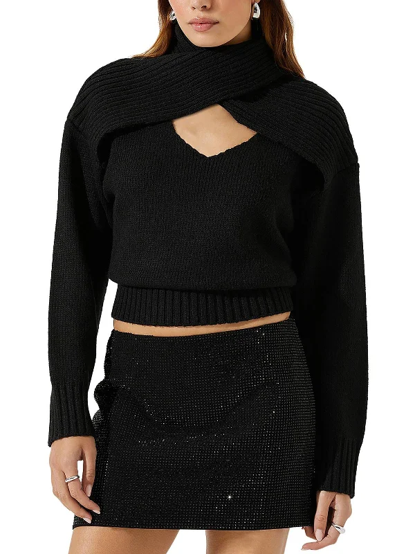 Womens Cut-Out Ribbed Crop Sweater High Neck Crew Neck V-Neck