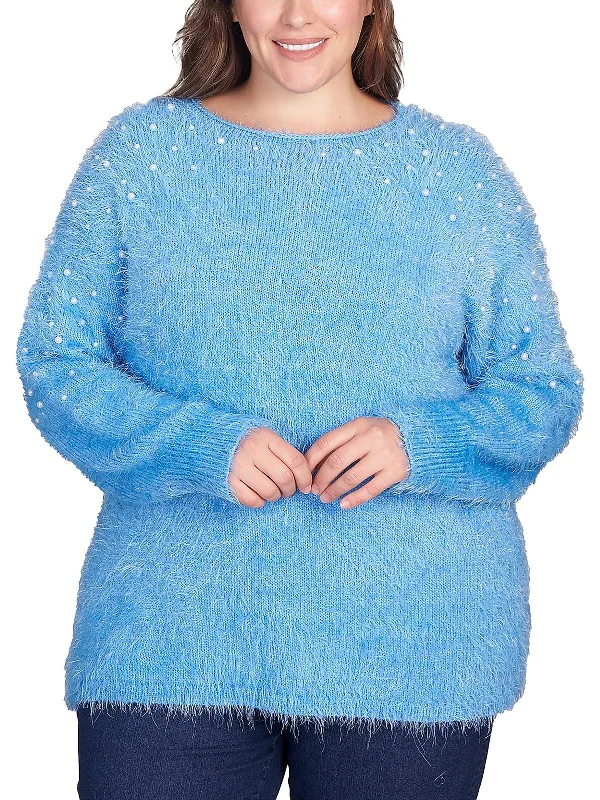 Womens Eyelash Embellished Pullover Sweater Zippered Buttoned Snapped