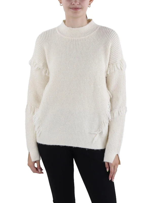 Womens Fringe Pullover Mock Turtleneck Sweater Herringbone Houndstooth Plaid