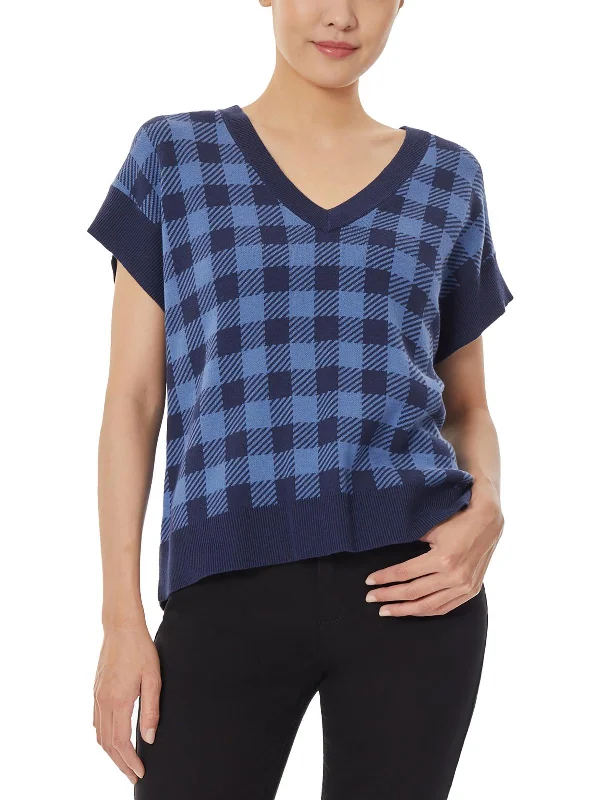 Womens Knit Check Print Sweater Vest Spandex Rayon Corduroy
