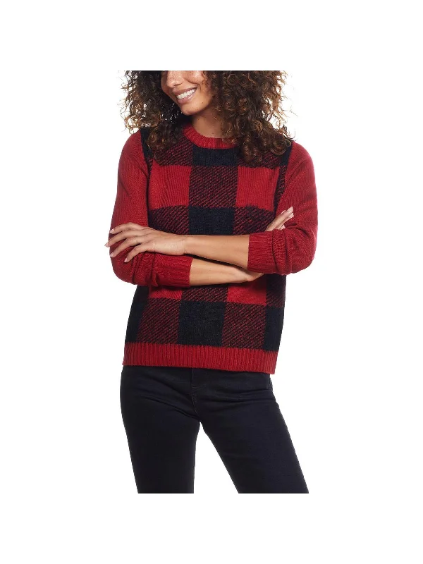 Womens Knit Checkered Crewneck Sweater Open Front Closed Front Wrap Front
