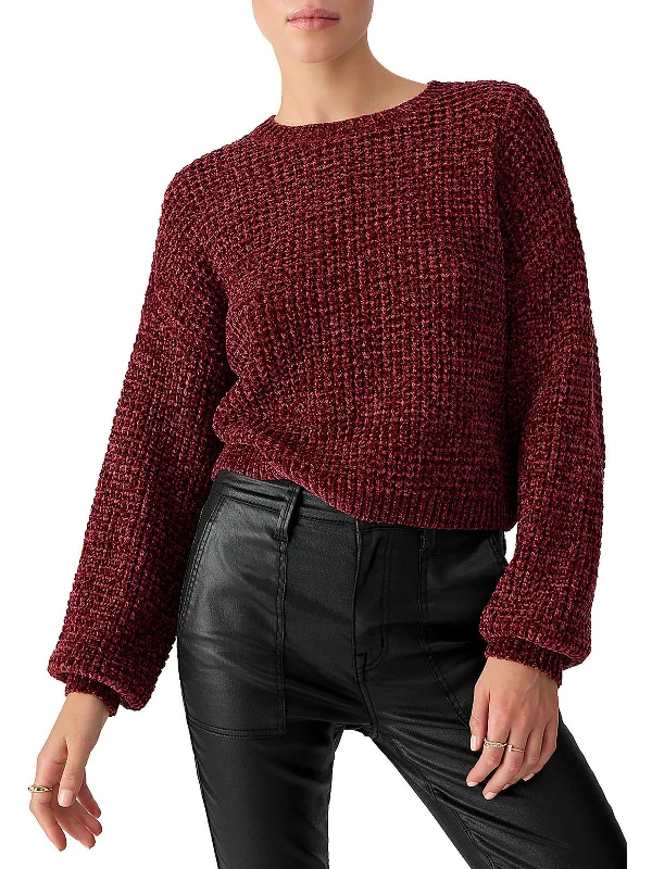 Womens Knit Long Sleeve Crewneck Sweater Glossy Satin Silk