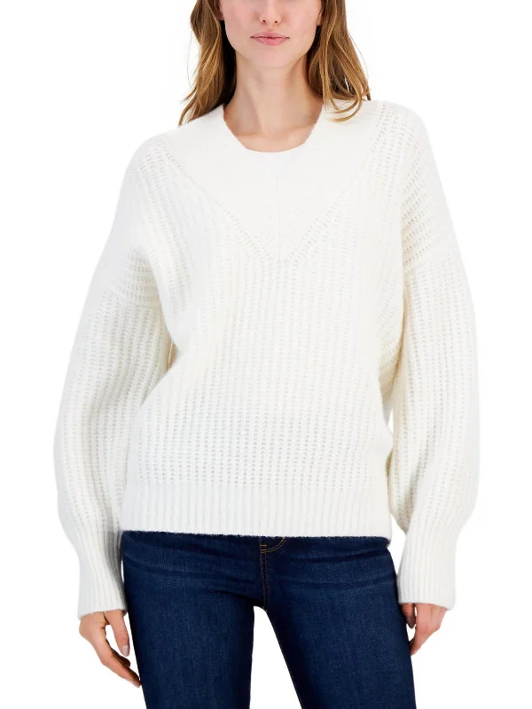 Womens Knit Ribbed Pullover Sweater Mesh Blend Leather Blend Suede Blend
