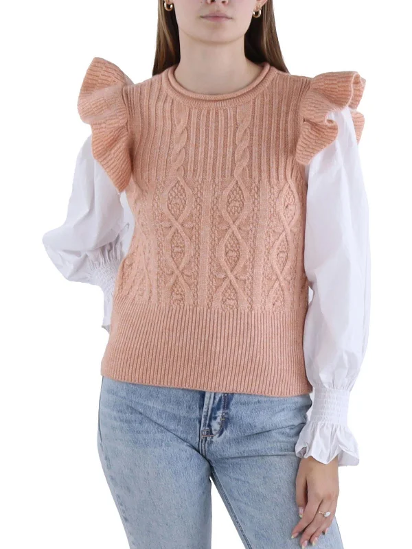 Womens Layered Ruffled Pullover Sweater Collared Crew Neck Turtle Neck