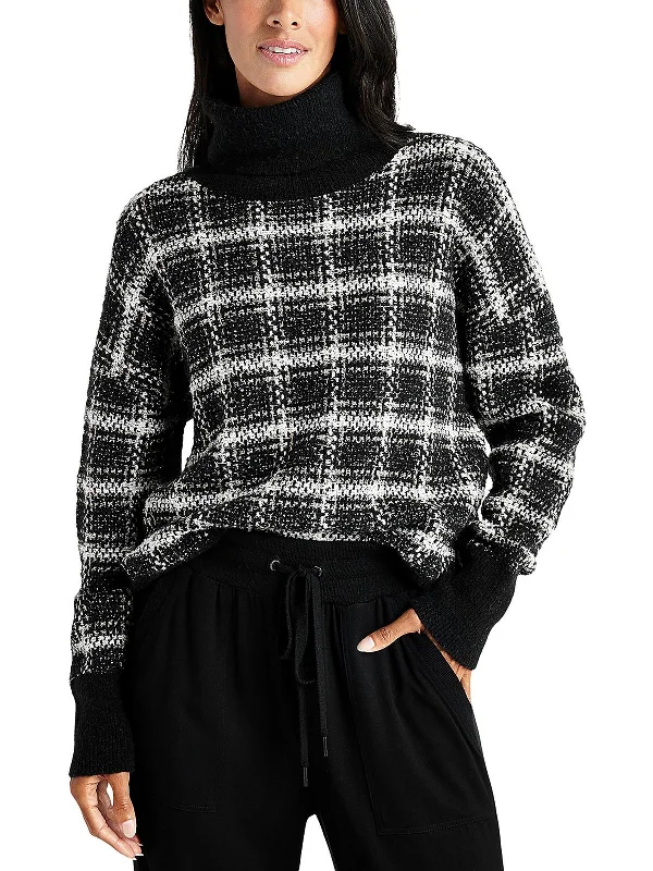 Womens Plaid Metallic Turtleneck Sweater Wool Fabric Cashmere Fabric Tweed Fabric