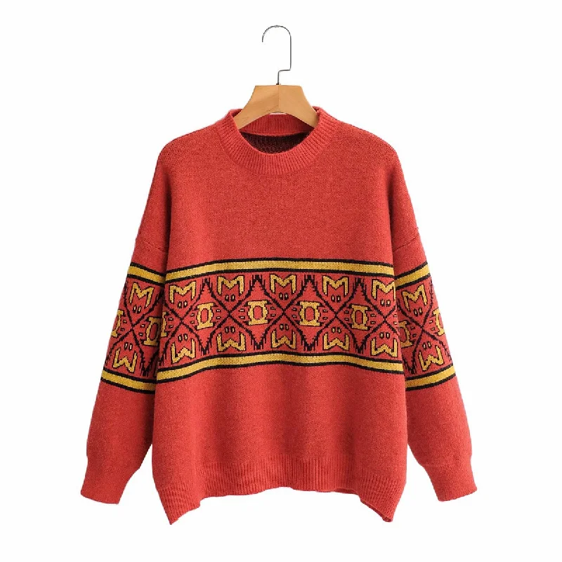 Women's pullover knitwear vintage art jacquard loose sweater  1345 Mesh Fabric Canvas Fabric Denim Fabric