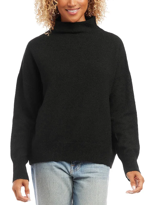 Womens Pullover Ribbed Trim Mock Turtleneck Sweater Zippered Buttoned Snapped