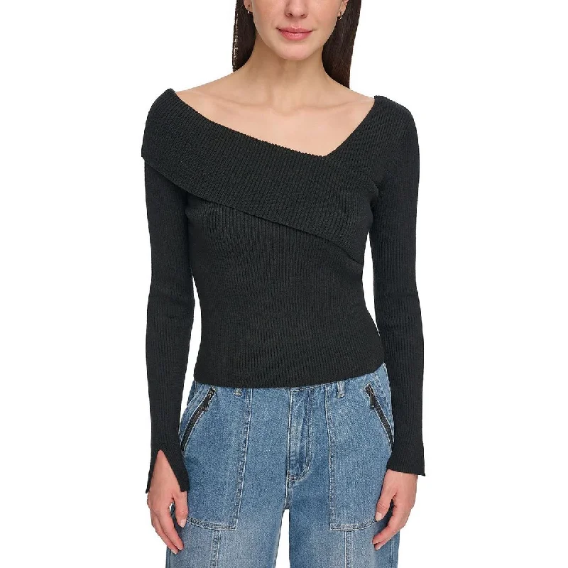 Womens Ribbed Asymmetrical Neck Pullover Sweater Anti-Pilling Anti-Shrink Durable