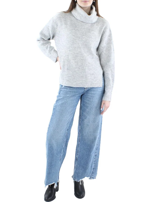 Womens Ribbed Side Slits Turtleneck Sweater Satin Fabric Silk Fabric Chiffon Fabric