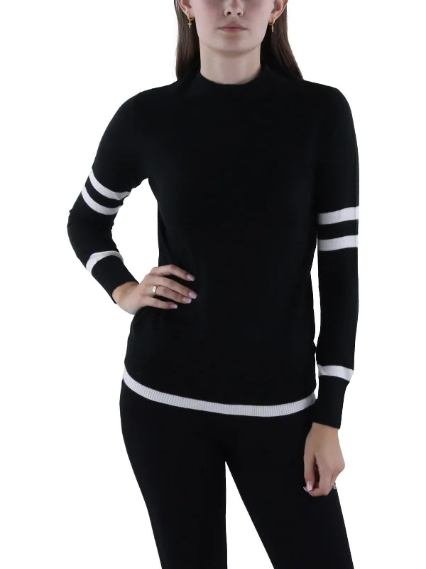 Womens Ribbed Trim Long Sleeve Mock Turtleneck Sweater Transparent Opaque Sheer