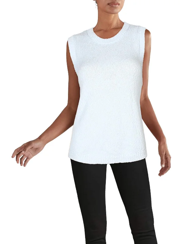 Womens Ribbed Trim Sleeveless Tank Top Sweater Chenille Brocade Lace