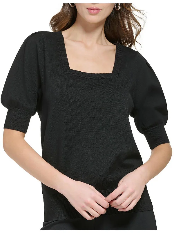 Womens Ribbed Trim Square Neck Pullover Sweater Sequined Glittery Shiny