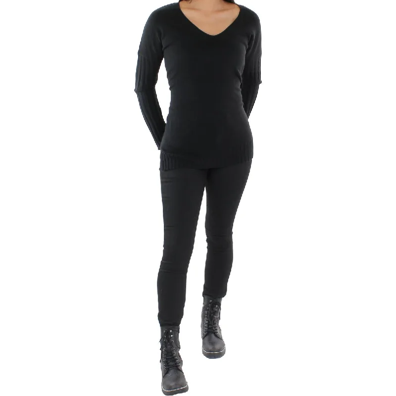 Womens Ribbed Trim V Neck Pullover Sweater Cable Knit Ribbed Knit Lace Knit