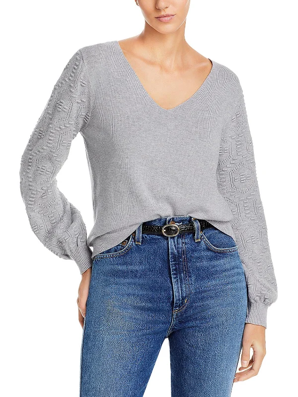 Womens Ribbed V-Neck Pullover Sweater Solid Color Striped Floral Print