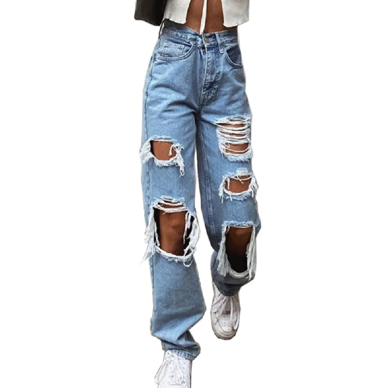 Womens Ripped Loose Fit Jeans Wide Leg For Women High Waist Blue Wash Fashionable Cropped Denim Jeans Womens Ripped Loose Fit Jeans Wide Leg For Women High Waist Blue Wash Fashionable Cropped Denim Jeans