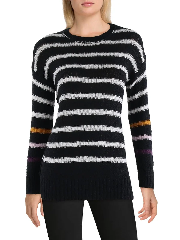Womens Striped Ribbed Trim Pullover Sweater Mesh Blend Leather Blend Suede Blend