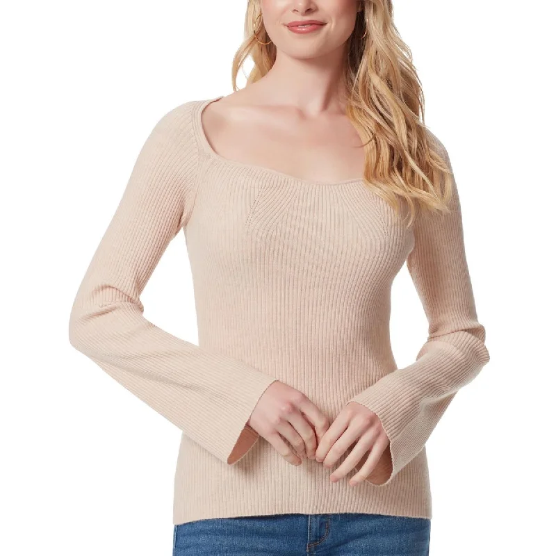 Womens Sweetheart Neckline Ribbed Pullover Sweater Mesh Sweater Canvas Denim
